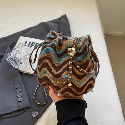 Bohemian Knit Pattern Crossbody: Women's Color Block Drawstring Bucket Bag