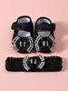 Baby Girls Lace Pearl Rhinestone Bow Crib Shoes & Matching Crochet Headband Set, Soft Dot Anti-Slip Magic Tape Mary Jane Princess Shoes