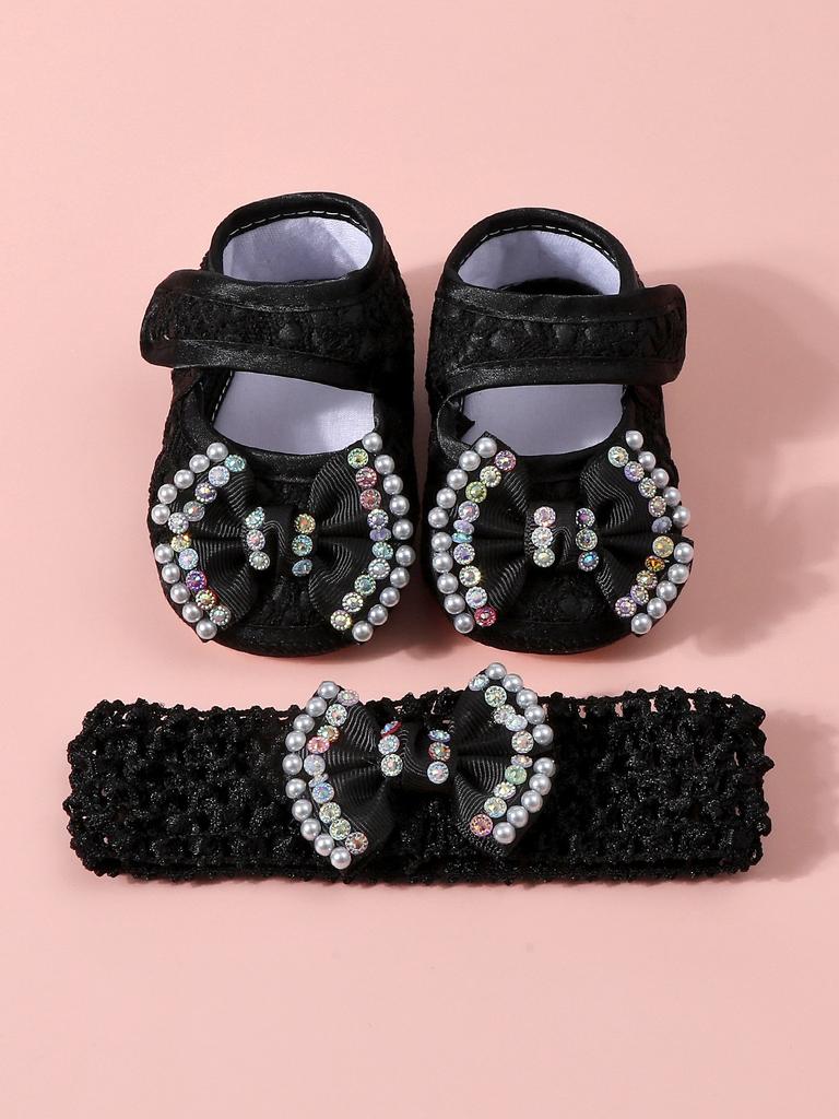 Baby Girls Lace Pearl Rhinestone Bow Crib Shoes & Matching Crochet Headband Set, Soft Dot Anti-Slip Magic Tape Mary Jane Princess Shoes