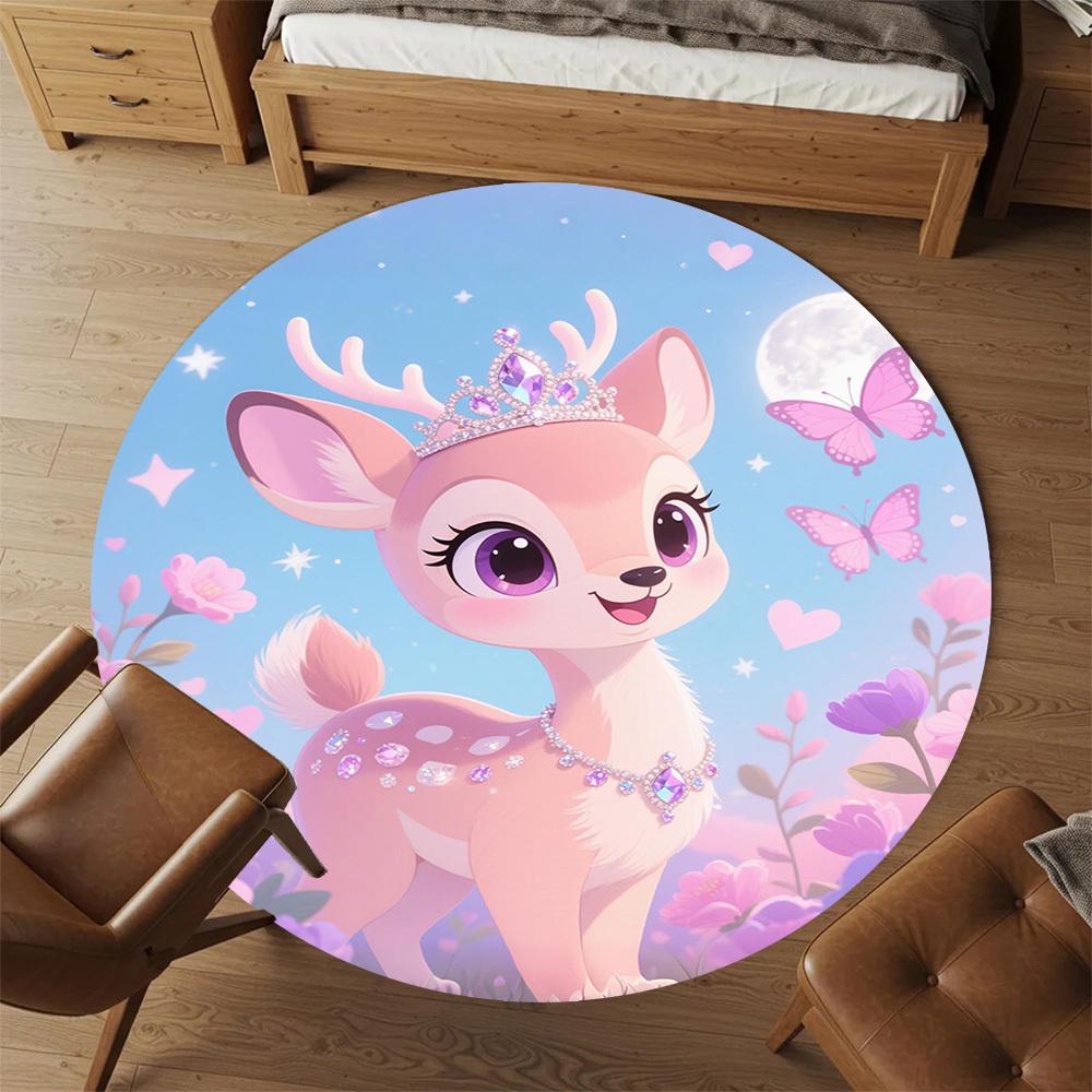1PC Deer Princess Flowers Round Chair mat Area Rug - Non-Slip, Floor Mat for Office, Bedroom, home decor Christmas Gift c0528003