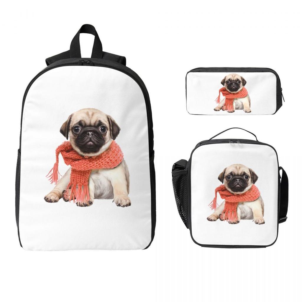 Winter Grappige Hinde Mopshond Grappige Hondenliefhebber Rugzak Boekentas Schooltas Computer Schoudertassen 3 stuks Geïsoleerde Lunchtas Etui