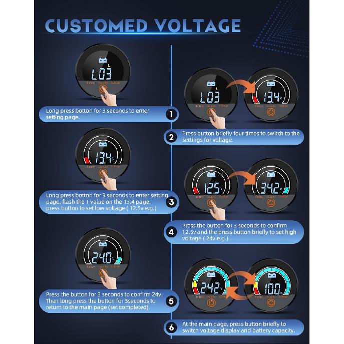Battery Capacity Voltage Meter, 12V 24V 48V 60V 84V IP68 Waterproof LCD Battery Monitor Gauge Low-Voltage Alarm For Lithium, Lithium Iron, Lead Acid