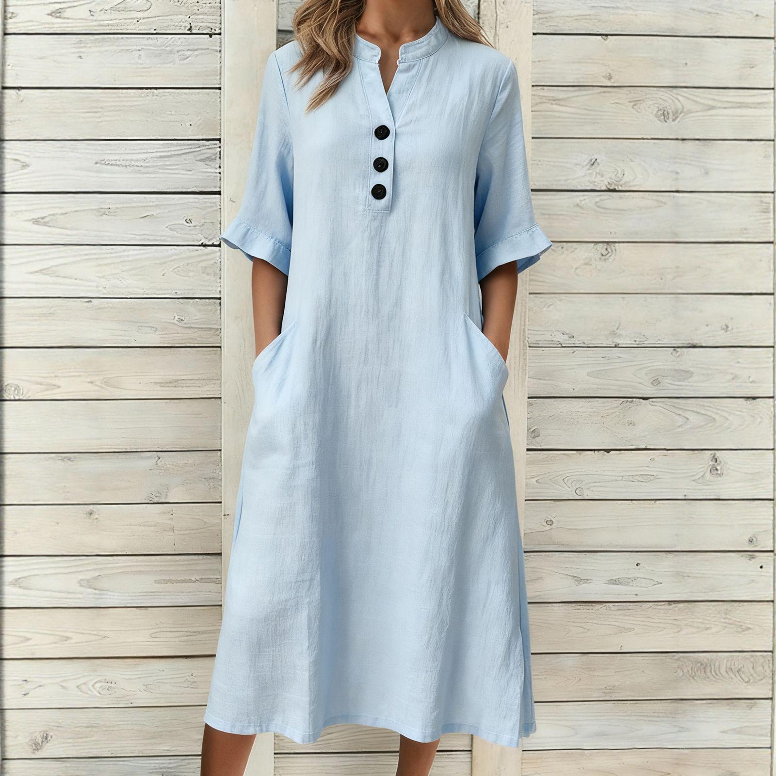 2026 Women s Casual Loose Cotton Linen Short Sleeve Lapel Dress for Spring and Summer X-Large