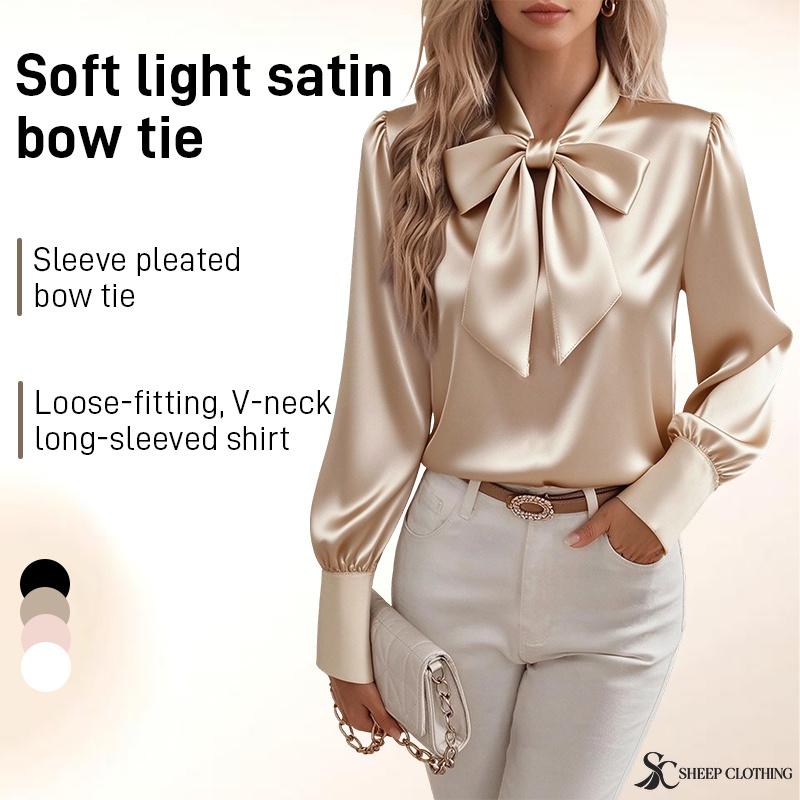Women's Satin Blouse Long Sleeve Bow Tie Neck Elegant Office Shirt Dressy Top