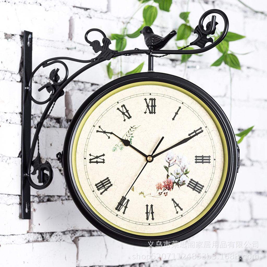 Iron Double Faced Retro Wall Hanging Clock Garden Decor, Pointer and Roman Number Dial