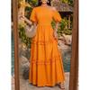 Summer Bohemian vacation style solid color irregular collar bubble short sleeve multi-layer lace long dress
