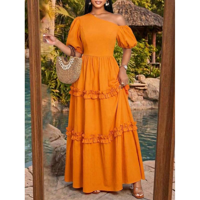 Summer Bohemian vacation style solid color irregular collar bubble short sleeve multi-layer lace long dress