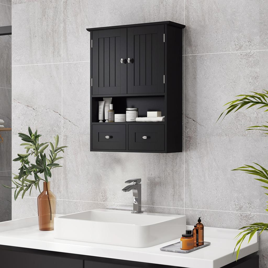 Bathroom Wall Cabinet, Vanity Unit, Doors, Shelf, 2 Drawers, 50.8 x 17.8 x 66 cm, Black