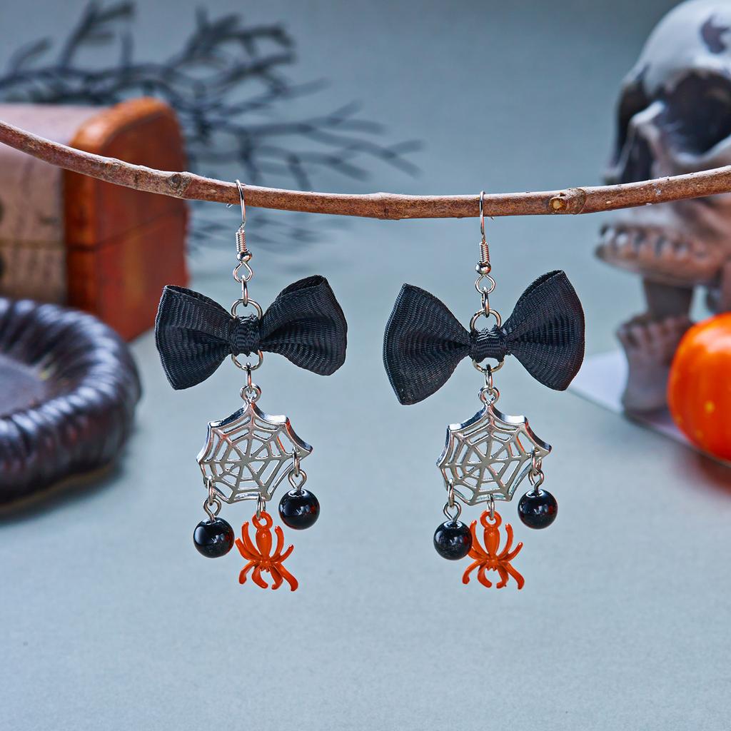 Cute Creepy Black Bowknot Spider Web Drop Earrings for Women Red Spider Beads Dangle Earring Cosplay Costume Party Jewelry Gifts