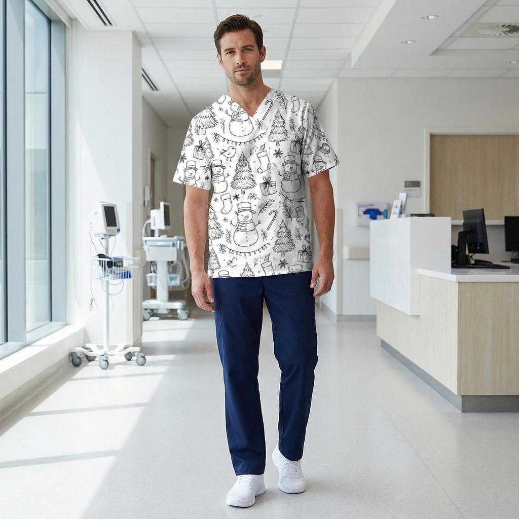 Men's Short Sleeve V-Neck Christmas Scrub Top with Chest Pocket and Print