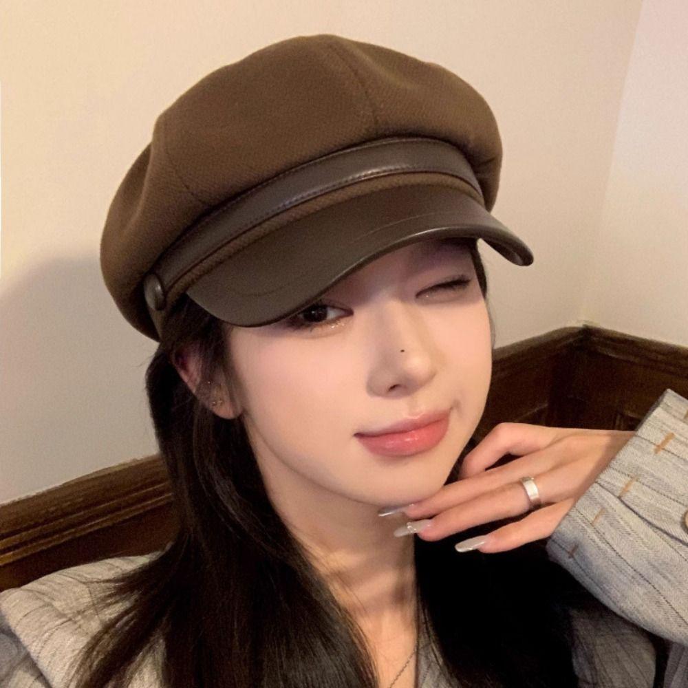 British Style Pu Leather Beret Korean Style Painter Hat Casual Wool Octagonal Hat  Winter