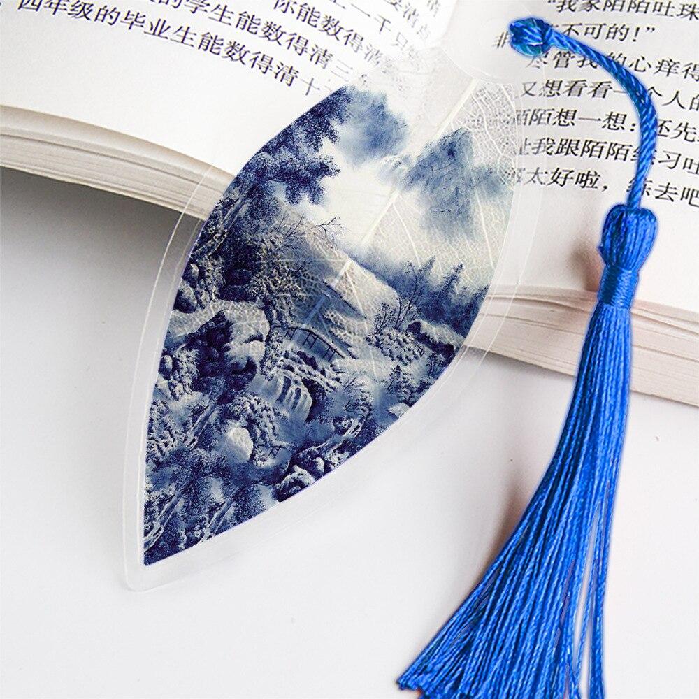 1PC Creative Chinese Archaic Bookmark with Tassels Pretty Blue and White Porcelain Leaf Vein Gift or Friend Student School Supplies