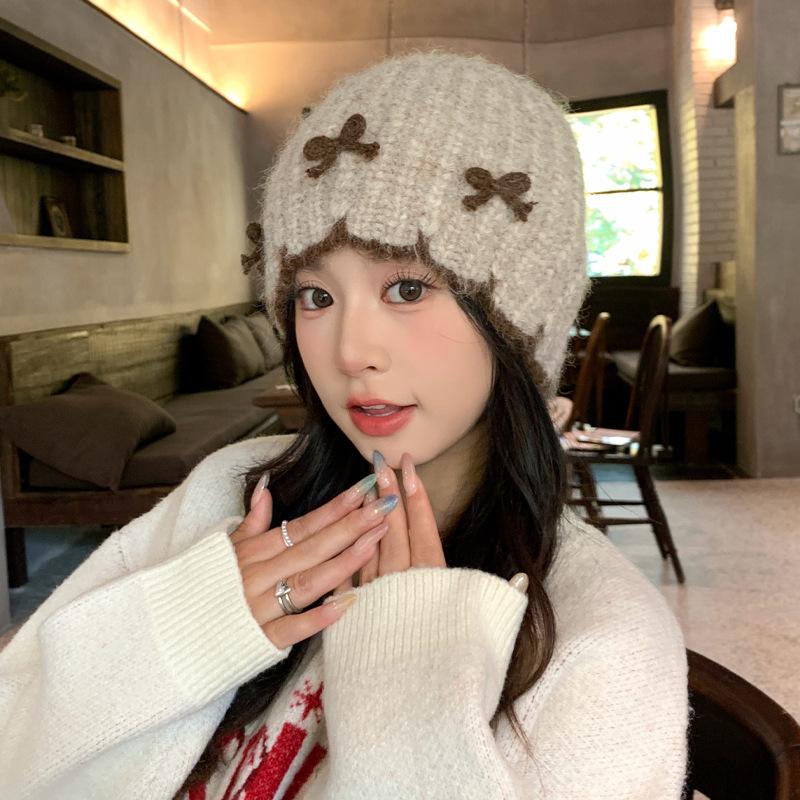 

Женская осенне-зимняя милая и универсальная вязаная шерстяная шапка с бантом в корейском стиле, шапка-обхват для большой головы, теплая шапка от холода, новинка One Size