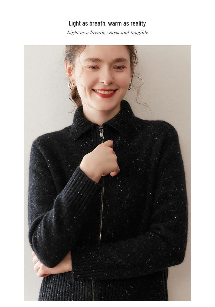 Women's Heavyweight Cashmere Dotted Knit Cardigan - High Neck, Long Sleeve, Zipper, Warm, Loose, Comfortable