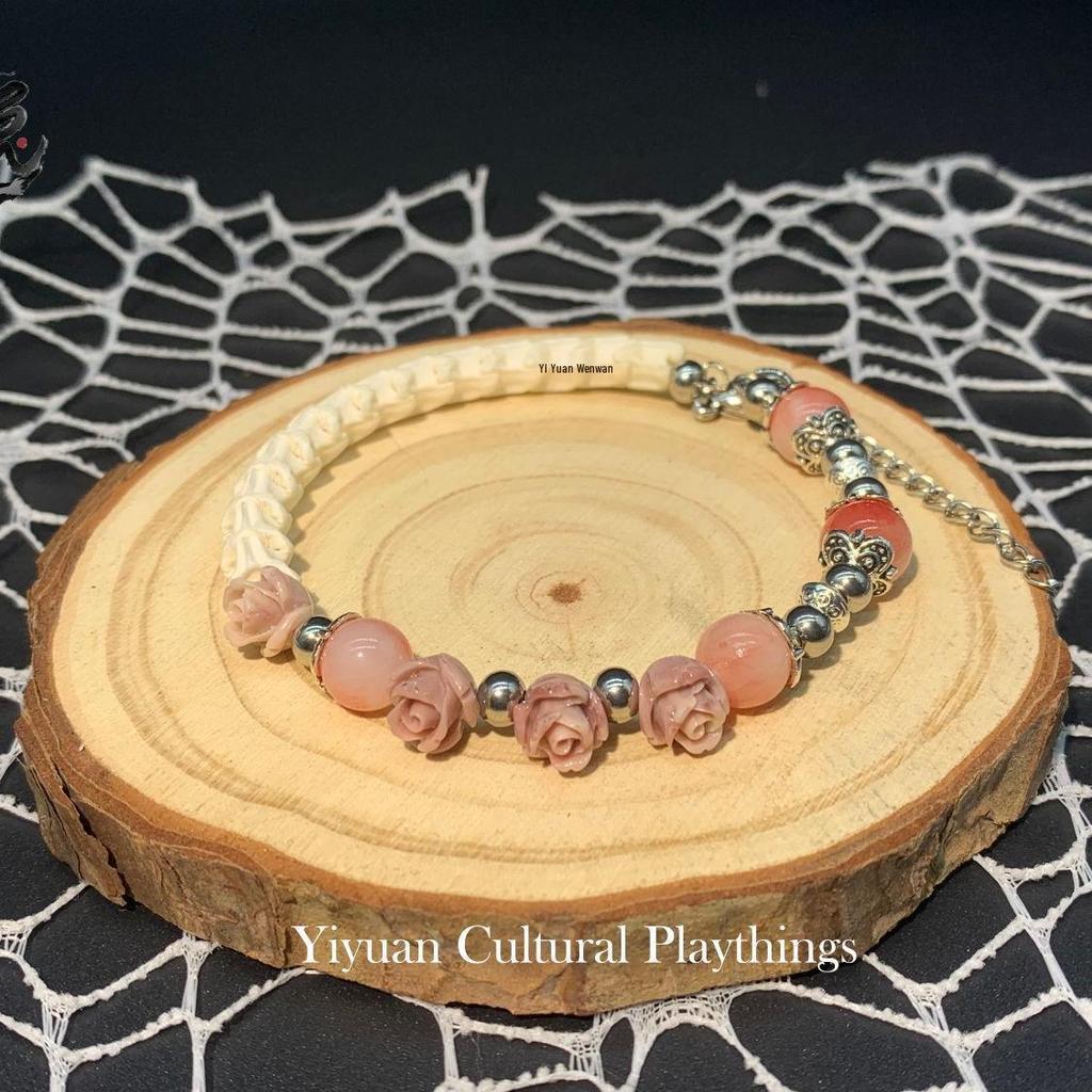 Three-Color Rose Snake Bone Beaded Bracelet - Retro Literary Style for Men and Women