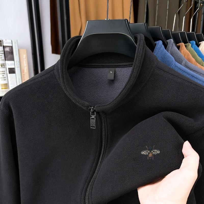 Men's Stand Up Collar Zipper Sweatshirt Winter Plush Thickened Bee Print Coat Fashion Casual Men'swear Top