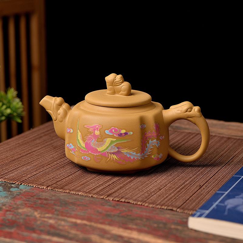 Handmade Gold Cinnabar Mud Broken Water Upside Down Fengming Pot Purple Sand Brewing Teapot Tea Set Sifang Pixiu Changes Color In Case of Heat