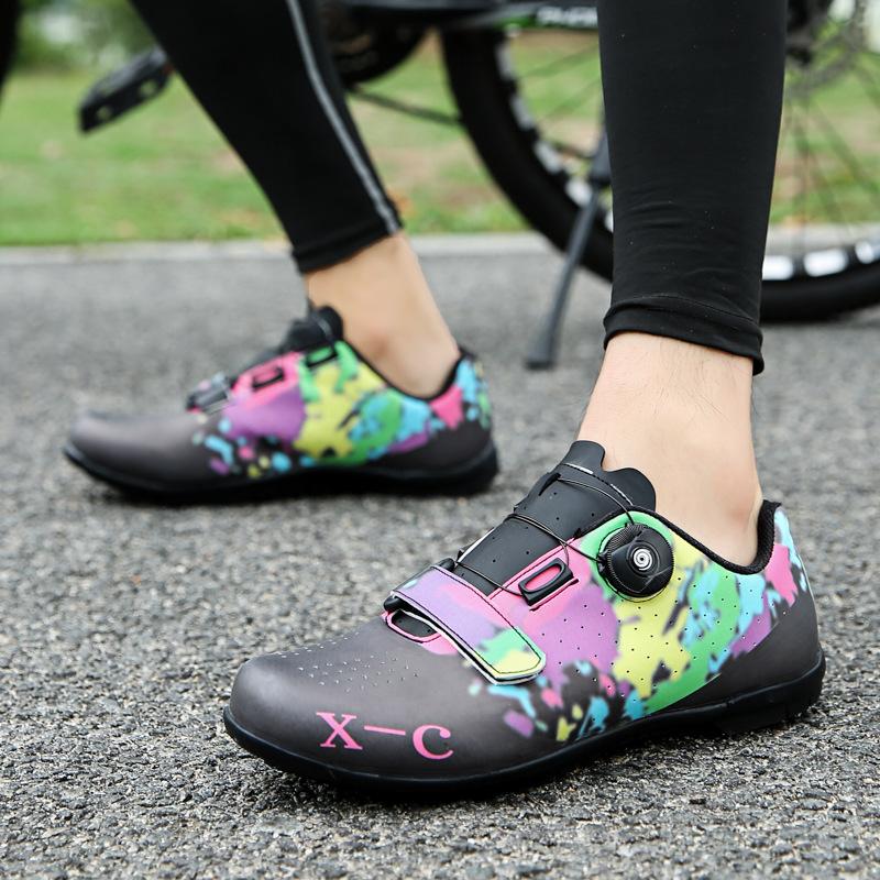 200618 Men's Women's Cycling Shoes Bicycle Lockless Rubber Bottom Road Mountain Lock Leather Surface Rotating Button