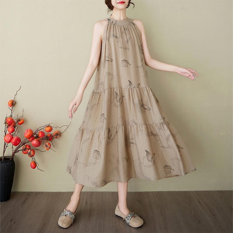 

Платье из набивного хлопка и льна женское 2025 лето новое двухслойная юбка-подкладка свободное и стройнящее А-силуэта юбка-клеш L темно-коричневого