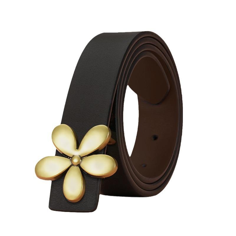 Leather Belt Formal Suit Casual Pants Belt Women's Waist Belt Slim Flower Smooth Plate Buckle