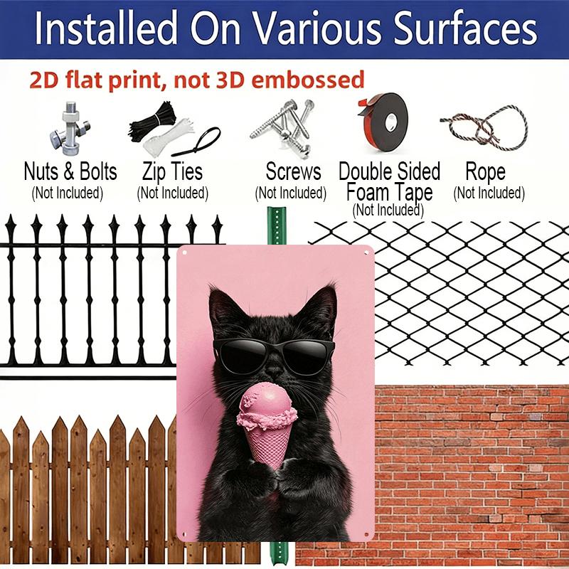 2D Flaches Cooles Schwarzes Katze mit Sonnenbrille & Rosa Eis Metallschild - Lustige Katze Aluminium Wanddekor Küche & Esszimmer Wand, Katzenliebhaber Wohnzimmer