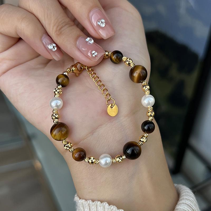 New Trendy Natural Tiger Eye Stone Bracelet Pearl Collar Chain Necklace for Women Punk Vintage Handmade Beads Jewelry Set Gifts