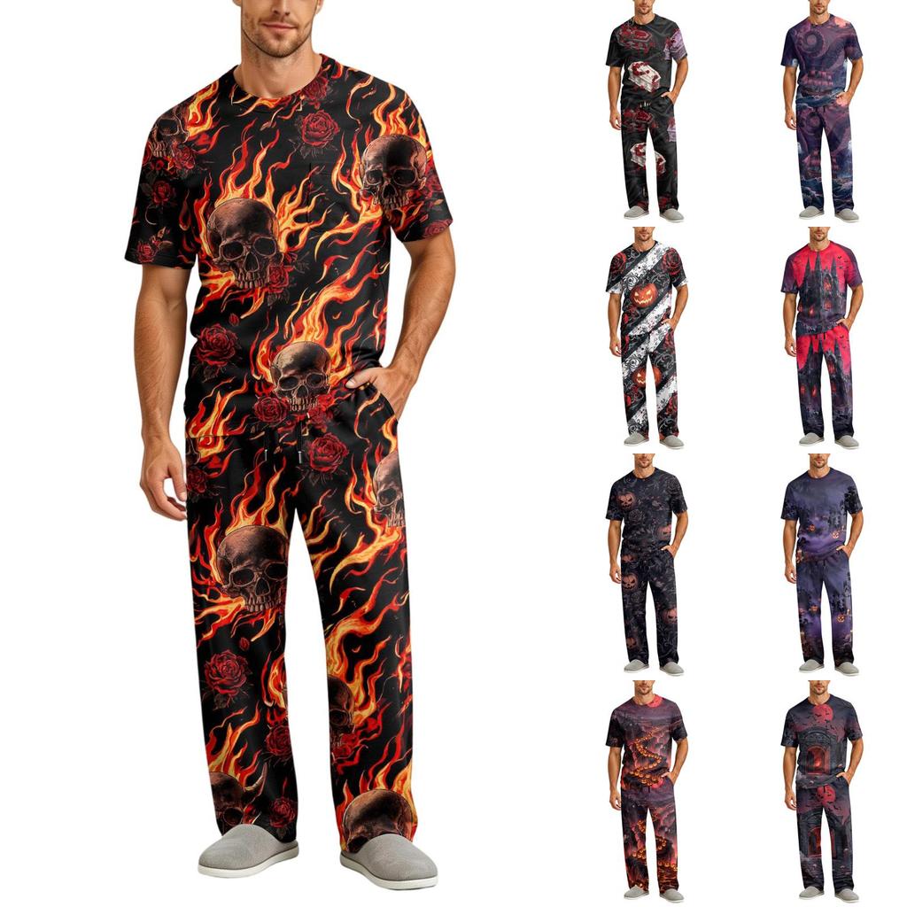 Men's Pajama Set Short Sleeve Top and Long Pants with Button Crotch and Elastic Waist Drawstring