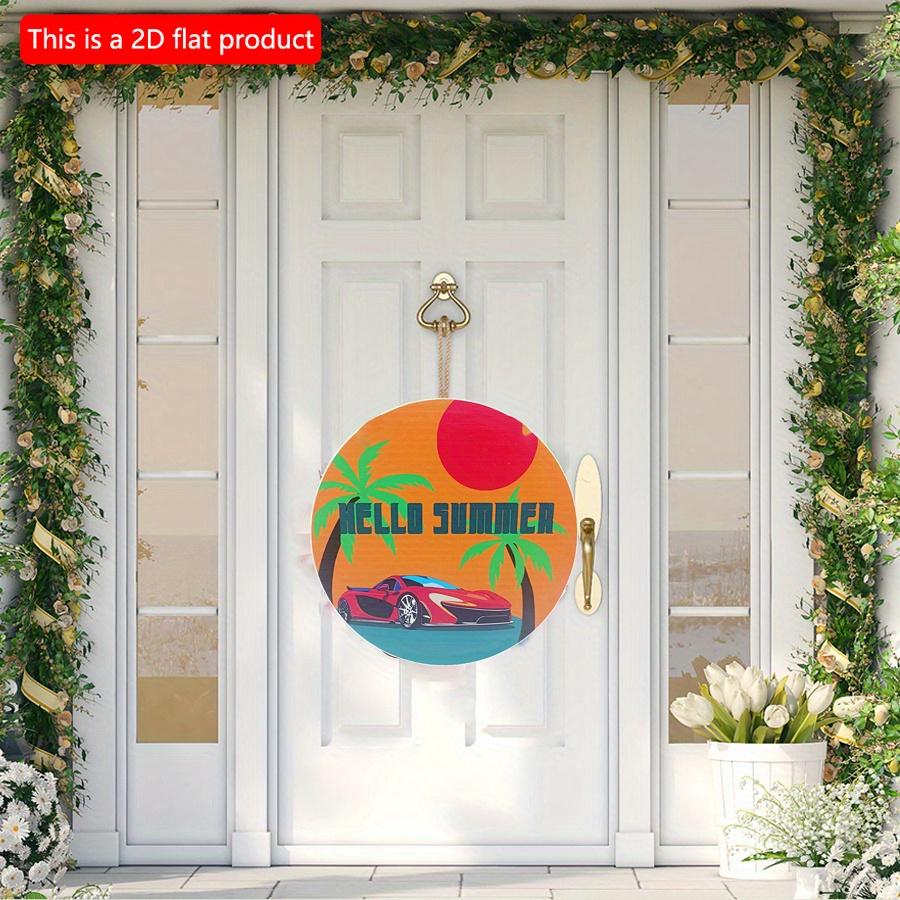 2D Flat 20*20cm1pc Nostalgic Beach Sunset&Coconut Island Scenery Round Decorative Plaque, Red Sports Car Pattern For Beach Town&Resort Hotel Hanging