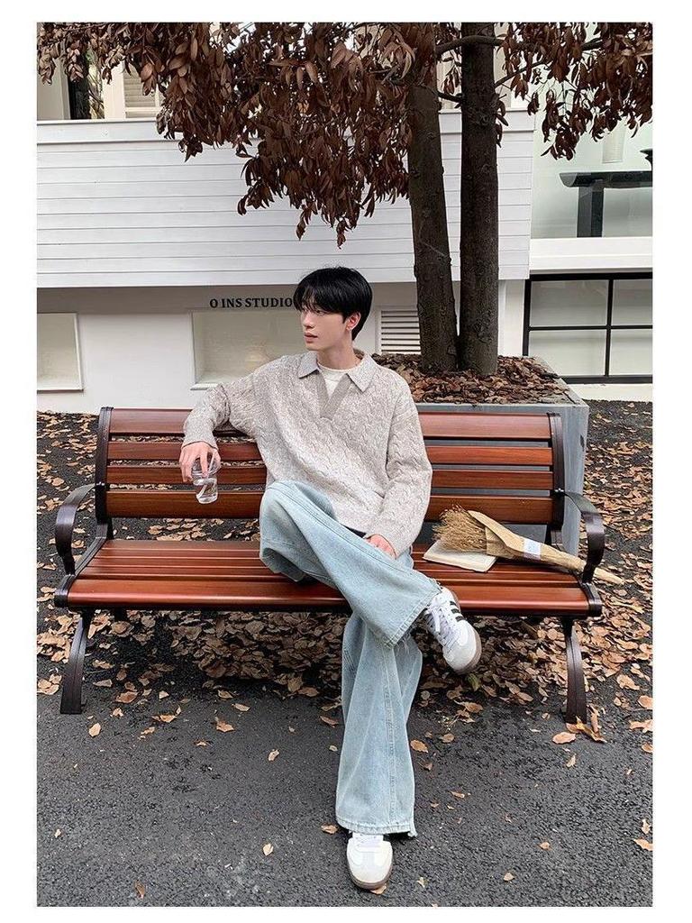 Men's Korean Style Two-Piece Lapel Pullover Knit Sweater - Winter Loose Fit, Casual Outerwear