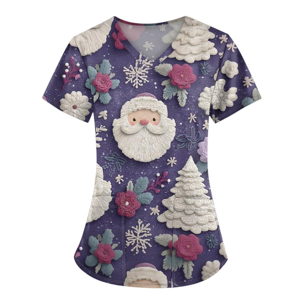 Women's Christmas Printing Short Sleeve V-neck Tops Working Pocket Blouse