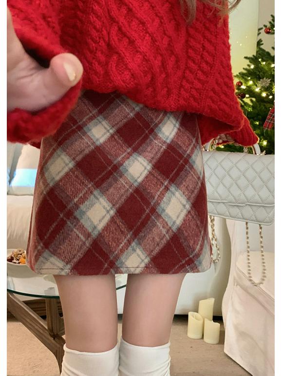 Women's High-Waisted A-Line Plaid Wool Skirt - Autumn 2024 Korean Style, Plus Size