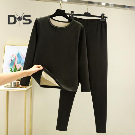 Ensemble de 2 pièces haut et pantalon d'hiver en peluche épaisse, col rond, manches longues, taille élastique, chaud, doux, résistant au froid, vêtements de maison, pyjama, ensemble de sous-vêtements thermiques