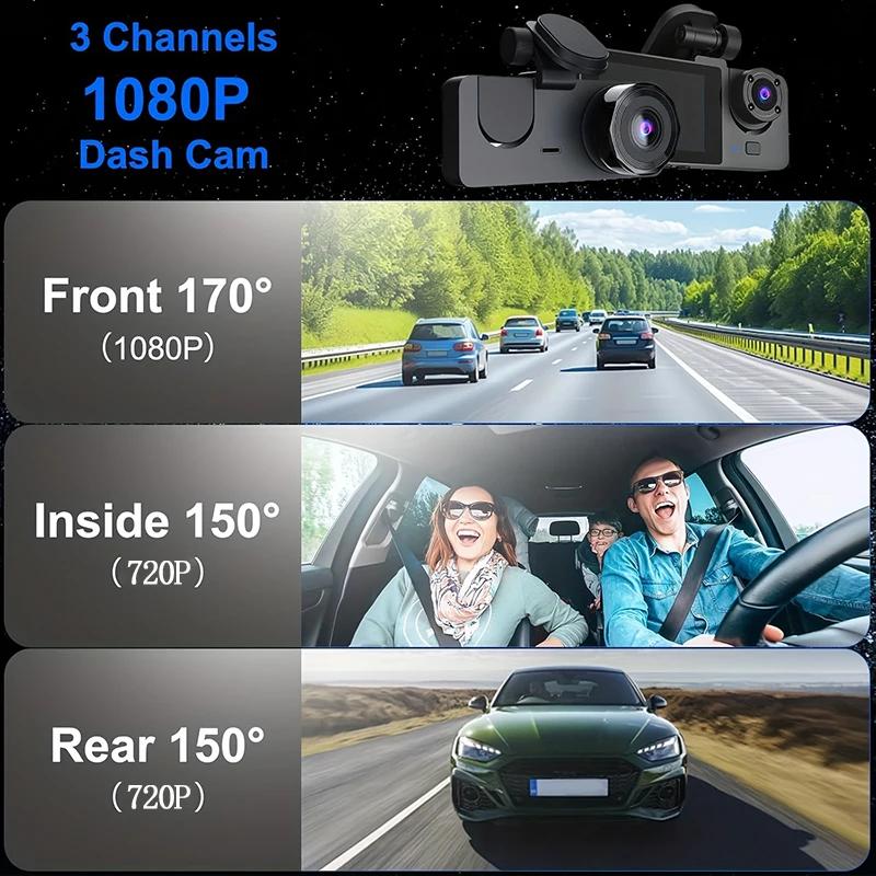 3 Channel Dash Cam, 1080P FHD Front and Rear Inside Car Camera, WiFi APP Control, Night Vision, Parking Mode, Free 64G Card