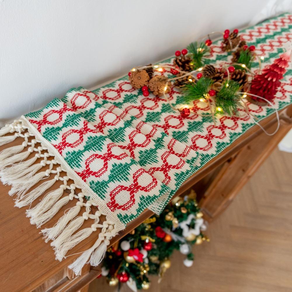 

Різдвяна скатертина раннер у стилі фермерського будинку, ткана бавовняно-лляна з бахромою, для сервірування столу, буфету, каміна 30*91cm