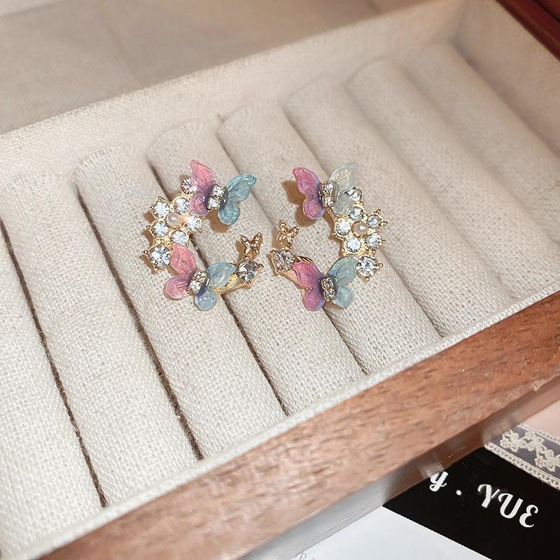 Silver needles small fresh gradual change artificial crystal butterfly stud earrings ear buckle explosion atmosphere flower earrings earrings women