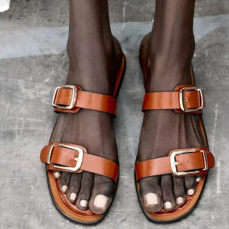 Fashion Fashion Round Toe Roman Buckle Flat Slippers Women Comfort Casual Flip Flops Summer Lightweight Outdoor Beach Sandalias De Mujer