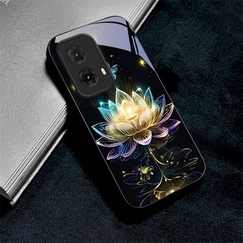Crystal Lotus Art Black Glass Phone Case For Motorola Moto G14 G22 G24Power G24 G34 G35 G45 G54 55 G75 G84 85 Hard Black Cover