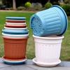 Resin-Look Plastic Flower Pot with Drain Tray