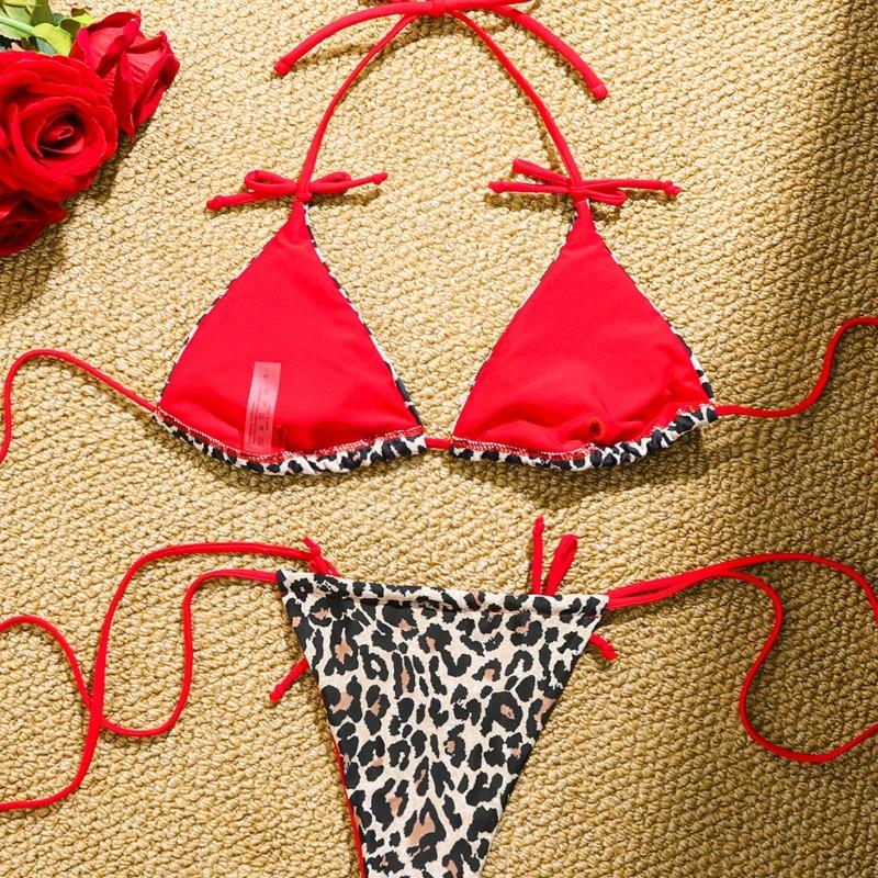 Women's New Leopard Print Bow Sexy Two Piece Bikini Swimsuit