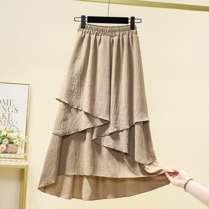 Women's Elastic High Waist Midi Skirt Loose Textured Fabric Irregular Layered Chiffon Cotton Linen Solid Color Casual Summer Half Skirt