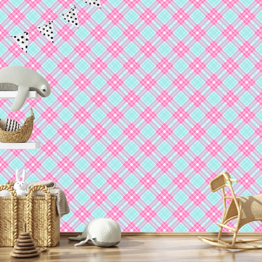 Pink and blue checkered powder pink wallpaper for living room and bedroom 50x1000