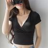 Women's Solid Color V-Neck Summer T-Shirt Sexy Cropped Casual TopStretchy Slim Fit Short Sleeve Blouse for Streetwear & Daily Outfits