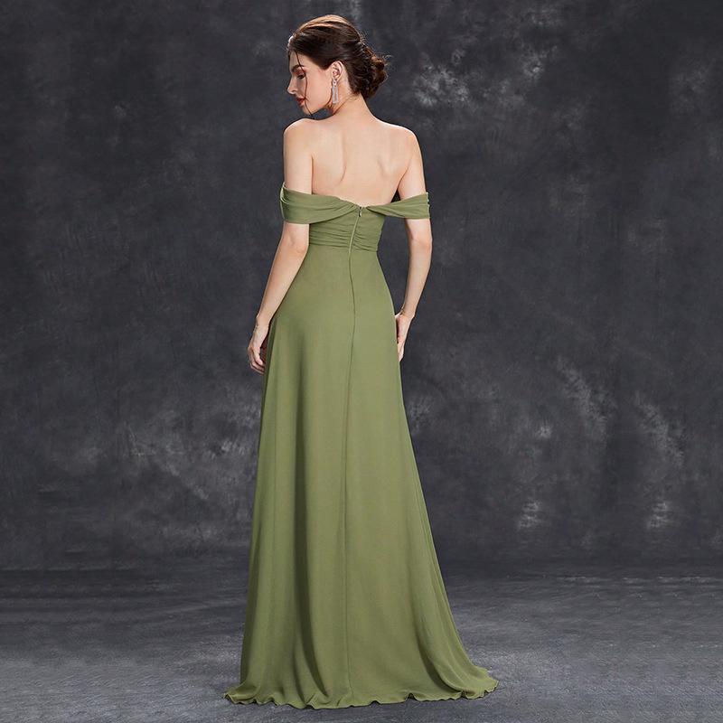Green Chiffon Off-the-Shoulder Evening Dress: Elegant, Luxurious, and Perfect for Banquets and Social Events