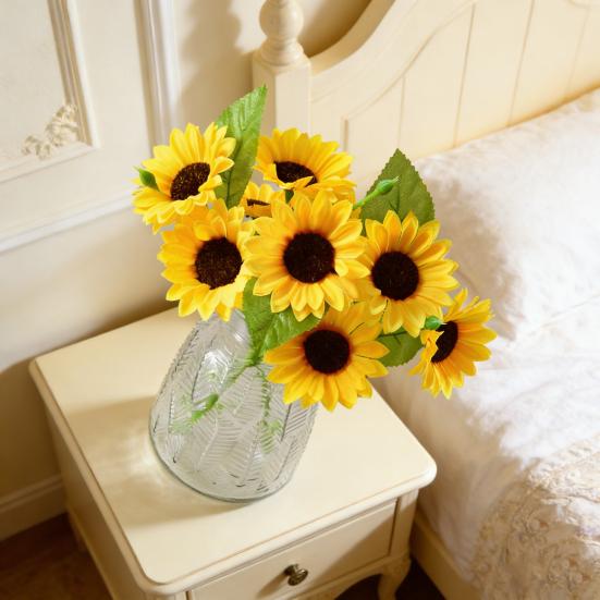 3 Heads Artificial Sunflower Bouquet Faux Silk Sunflower with Long Stem for Home Hotel DIY Craft Wedding Party Indoor Outdoor Decor