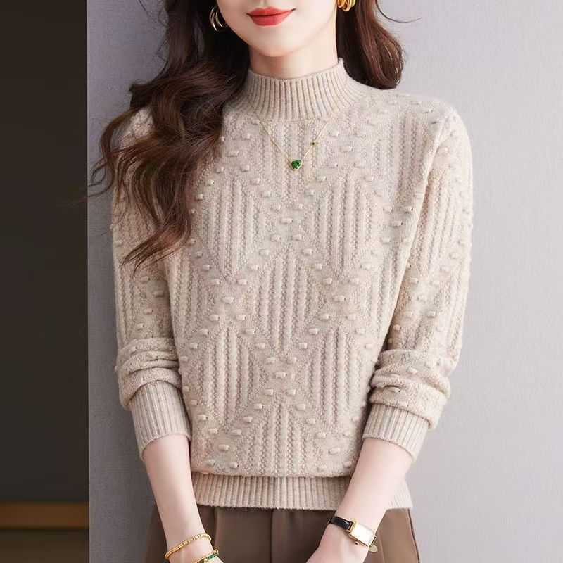 Knitted Bottoming 2025 New for Women Loose Lazy Style Rhombus Dot Solid Color Half Turtleneck All-match Sweater