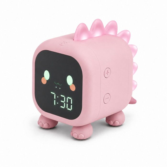Réveil enfant - SHOP-STORY - Dino Rose - Veilleuse LED - Double alarme - Batterie 15j