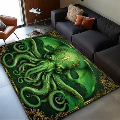 Grüner Oktopus Schädel Teppich im Gothic Stil Wohnzimmer Fußmatten einzigartiges Design Teppich Rutschfester Teppich maschinenwaschbar