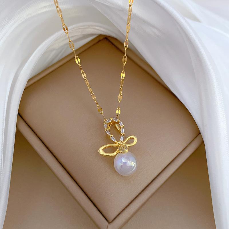 Mermaid Ji Bow Light Luxury Temperament Gorgeous Full Diamond Necklace Female Versatile Collarbone Chain Titanium Steel Chain