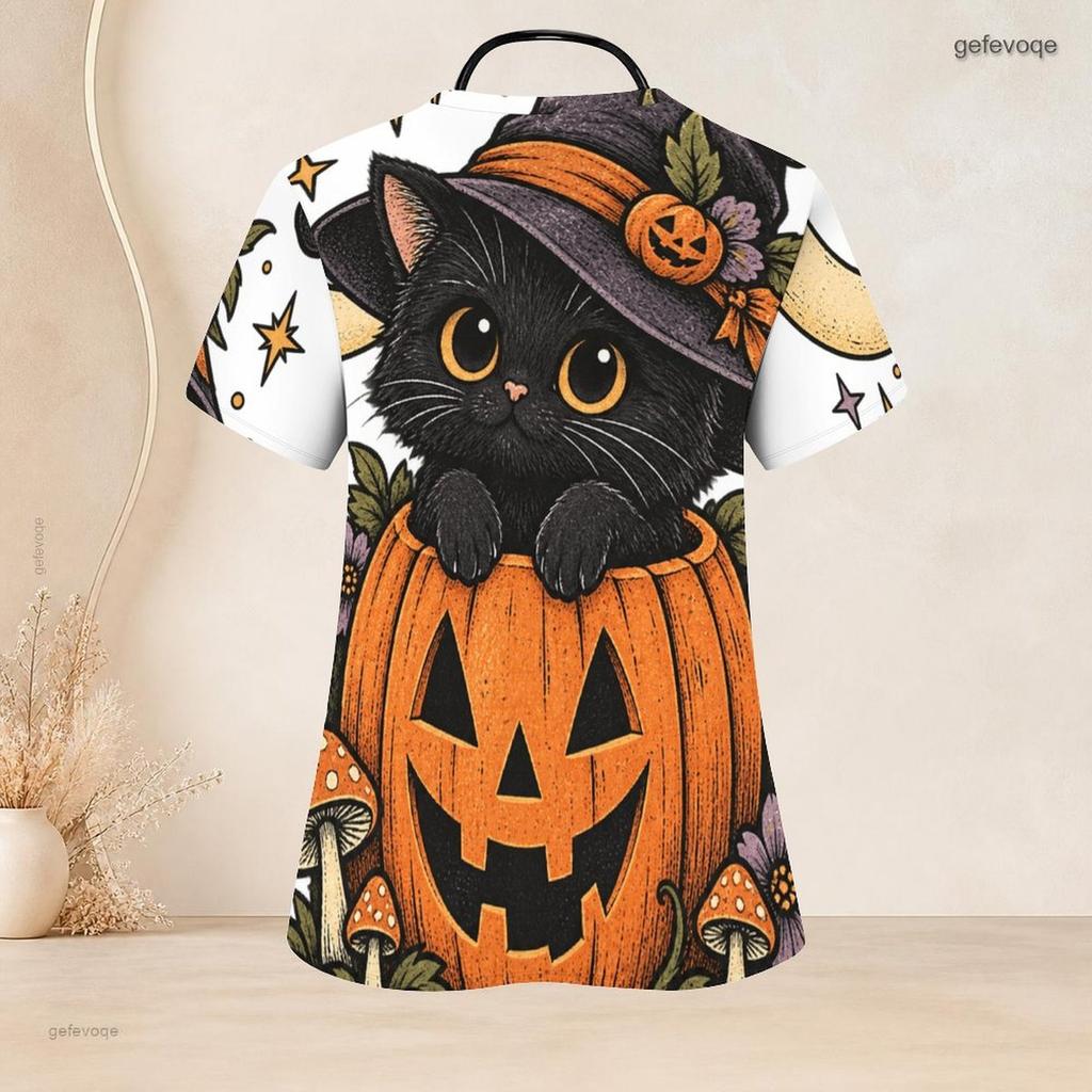 Women Plus Size Halloween Cartoon Duck Pumpkin Printed Scrub Top V Neck Short Sleeve With Front Pockets