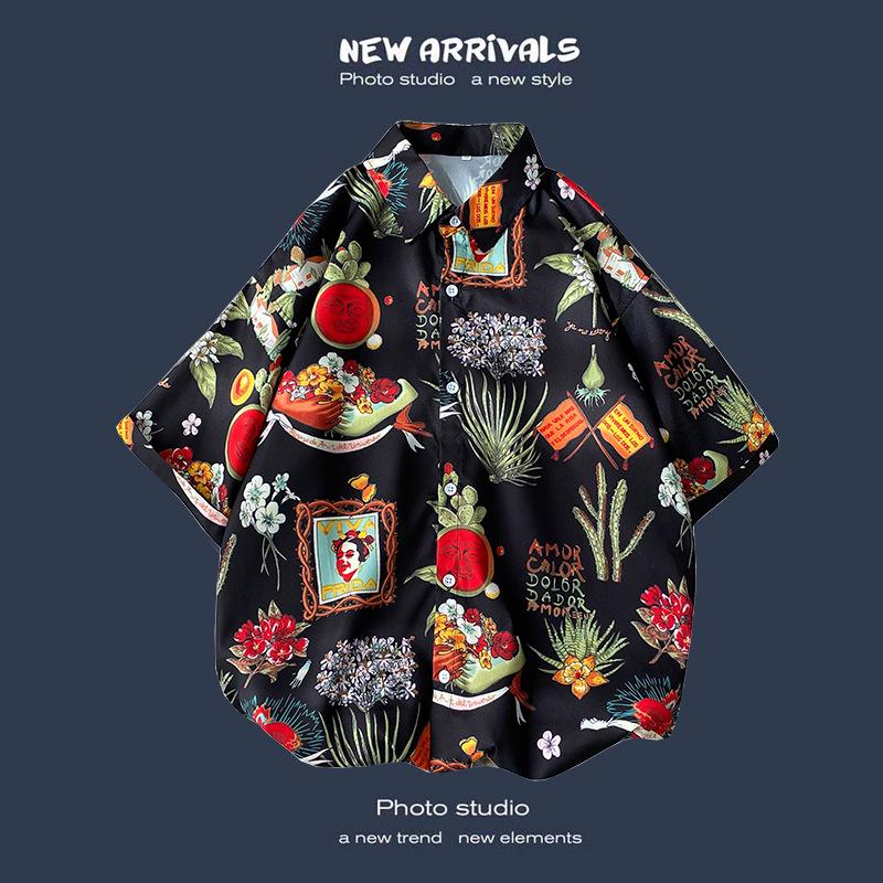 Letnia Koreańska Retro Kwiatowa Para Luźna Koszula z Krótkim Rękawem - Męski Modny Styl